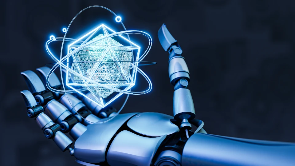 A robot arm with sleek, metallic surfaces holding a complex, glowing geometric figure composed of interconnected lines and nodes, against a dark background, symbolizing advanced technology and artificial intelligence