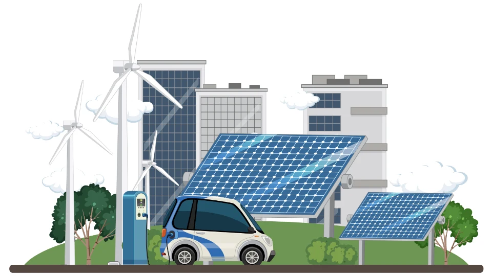 Illustration av en hållbar energilösning med vindturbiner, solpaneler, en laddningsstation för elbilar och en modern byggnad, som representerar förnybara energilösningar.