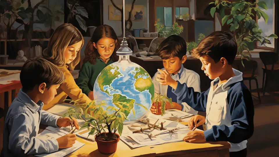 En grupp barn studerar och skissar på växter och en stor glasglob som visar jorden i ett soligt klassrum med växter och fönster som släpper in dagsljus