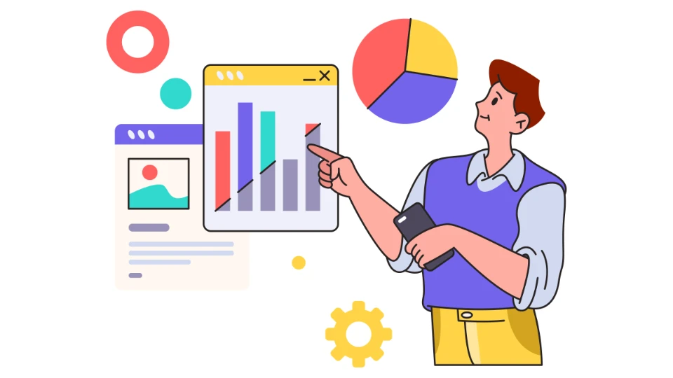 Illustration of a man analyzing data on a bar chart in a web analytics interface, with additional graphic elements like a pie chart, gears, and abstract shapes symbolizing digital marketing strategies and optimization.