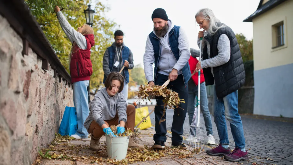 Gruppe mennesker rydder op og samler blade i et fælles udendørsområde.